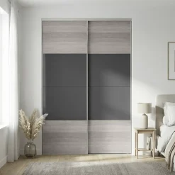 Portes de placard coulissantes 2 vantaux panneaux anthracite brillants et effet chêne grisé GoodHome Atomia H. 225 x L. 150 x ép. 5,5 cm