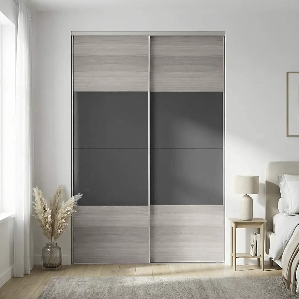 Portes de placard coulissantes 2 vantaux panneaux anthracite brillants et effet chêne grisé GoodHome Atomia H. 225 x L. 150 x ép. 5,5 cm