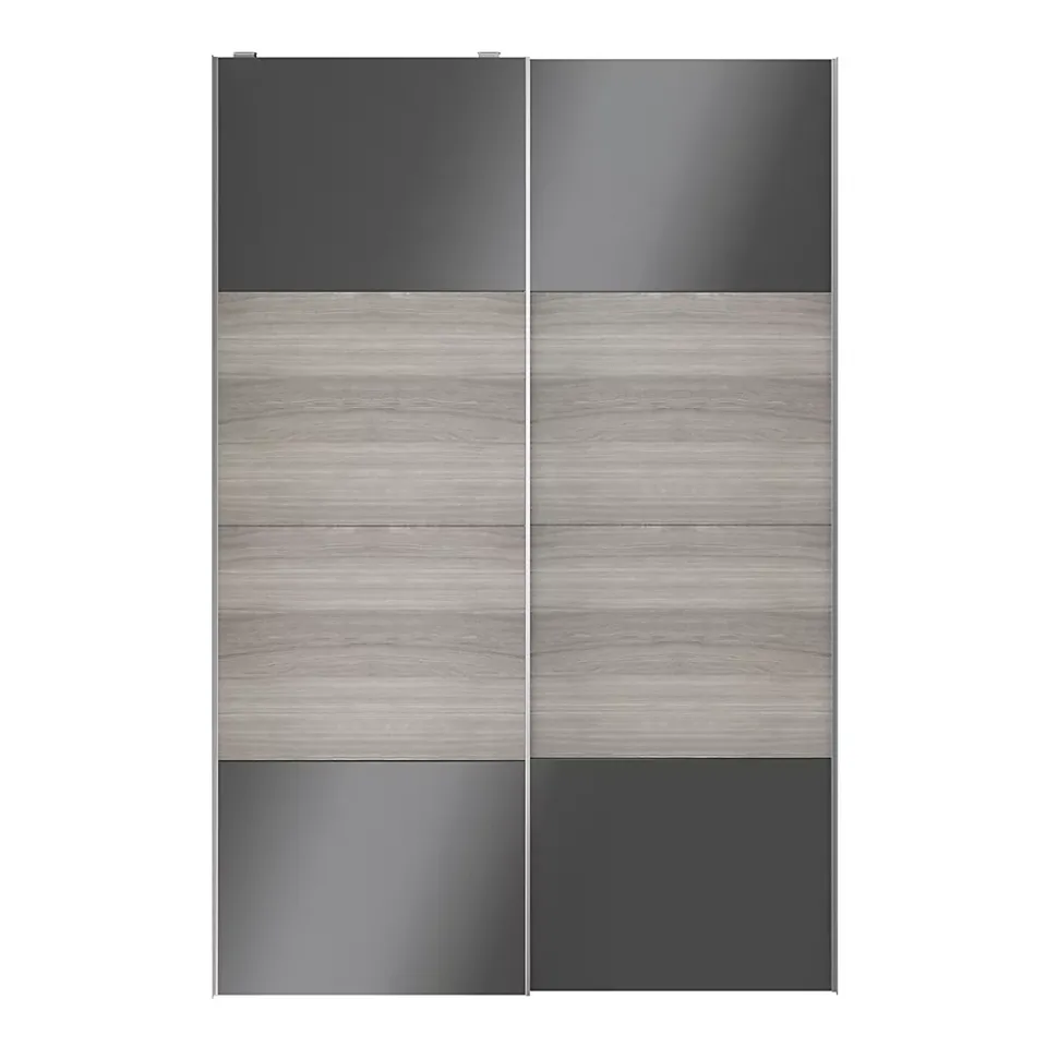 Portes de placard coulissantes 2 vantaux panneaux anthracite brillants et effet chêne grisé GoodHome Atomia H. 225 x L. 150 x ép. 5,5 cm