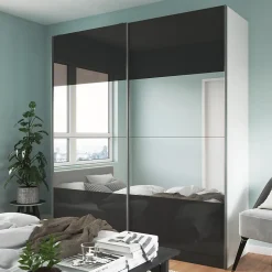 Portes de placard coulissantes 2 vantaux panneaux anthracite brillants et miroir GoodHome Atomia H. 225 x L. 200 x ép. 5,5 cm