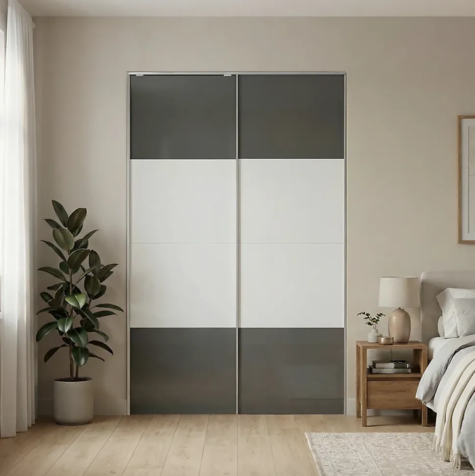 Portes de placard coulissantes 2 vantaux panneaux blancs brillants et anthracite brillants GoodHome Atomia H. 225 x L. 150 x ép. 5,5 cm