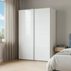 Portes de placard coulissantes 2 vantaux panneaux blancs et blancs brillants GoodHome Atomia H. 225 x L. 150 x ép. 5,5 cm
