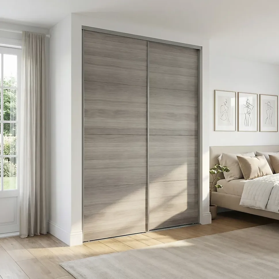 Portes de placard coulissantes 2 vantaux panneaux effet chêne grisé GoodHome Atomia H. 225 x L. 150 x ép. 5,5 cm