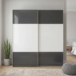 Portes de placard coulissantes 2 vantaux panneaux blancs et anthracite brillants GoodHome Atomia H. 225 x L. 200 x ép. 5,5 cm