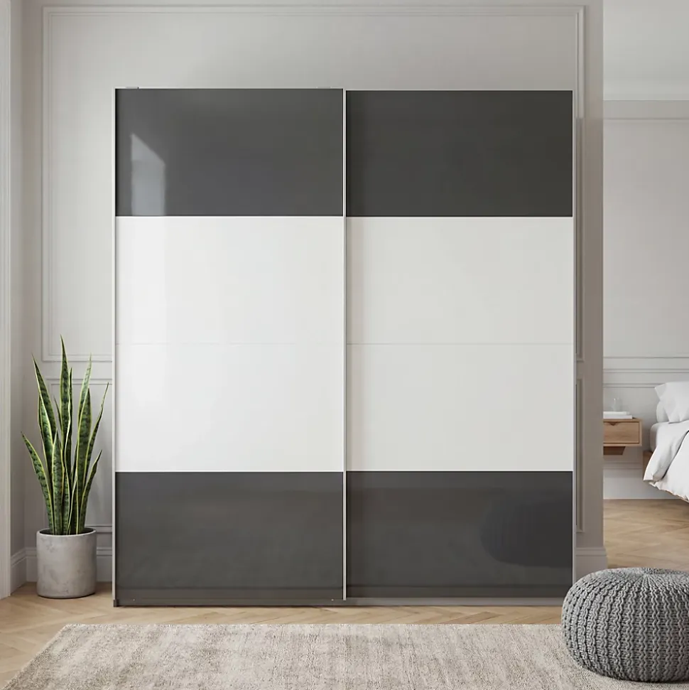 Portes de placard coulissantes 2 vantaux panneaux blancs et anthracite brillants GoodHome Atomia H. 225 x L. 200 x ép. 5,5 cm