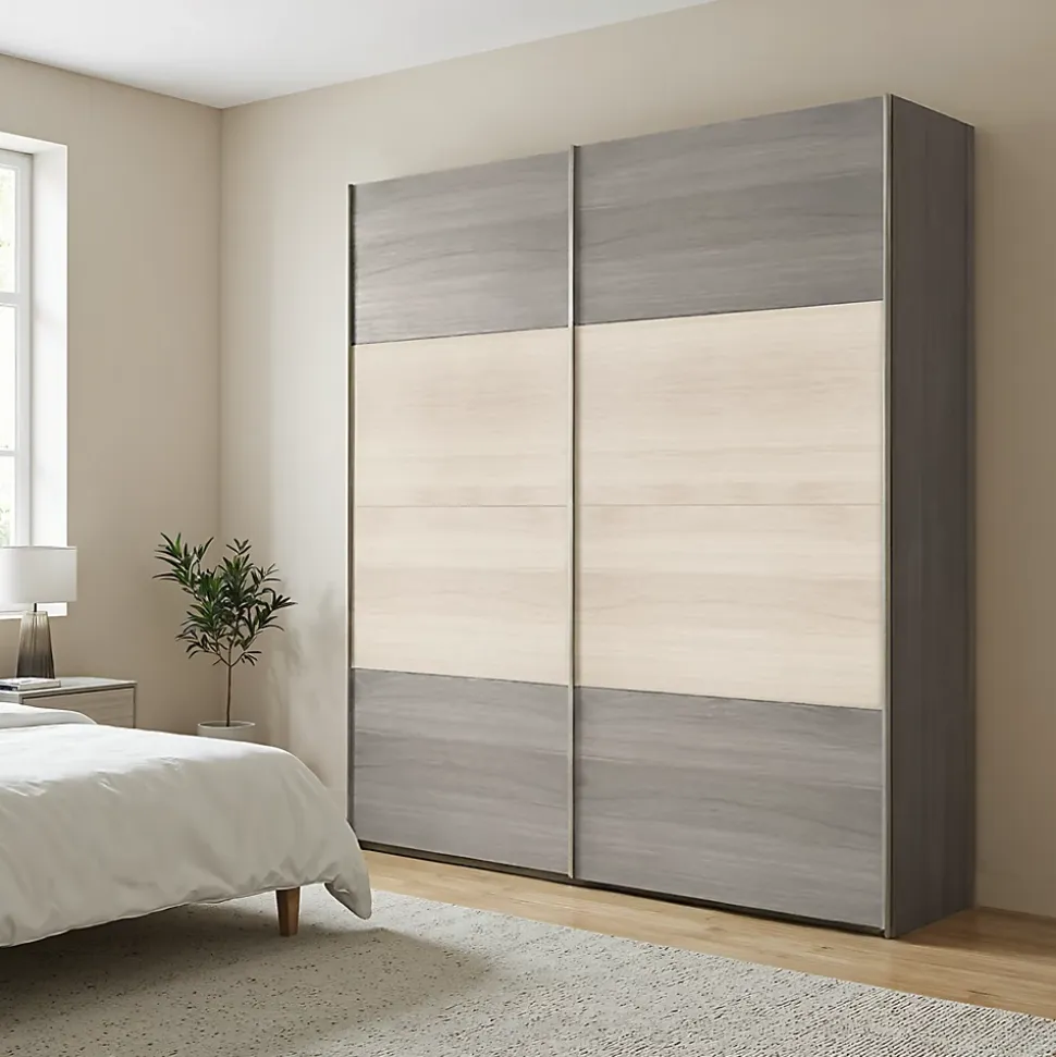 Portes de placard coulissantes 2 vantaux panneaux effet chêne et chêne grisé GoodHome Atomia H. 225 x L. 200 x ép. 5,5 cm