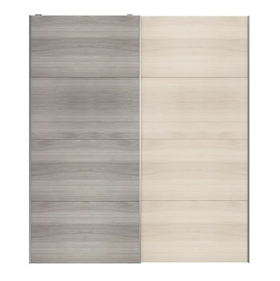 Portes de placard coulissantes 2 vantaux panneaux effet chêne et chêne grisé GoodHome Atomia H. 225 x L. 200 x ép. 5,5 cm