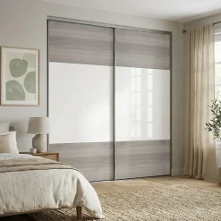 Portes de placard coulissantes 2 vantaux panneaux blancs et effet chêne grisé GoodHome Atomia H. 225 x L. 200 x ép. 5,5 cm