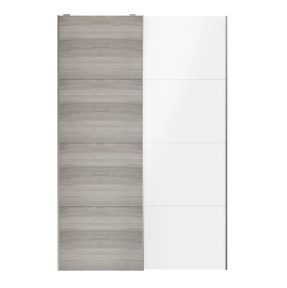 Portes de placard coulissantes 2 vantaux panneaux blancs brillants et effet chêne grisé GoodHome Atomia H. 225 x L. 150 x ép. 5,5 cm