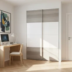 Portes de placard coulissantes 2 vantaux panneaux blancs brillants et effet chêne grisé GoodHome Atomia H. 225 x L. 150 x ép. 5,5 cm