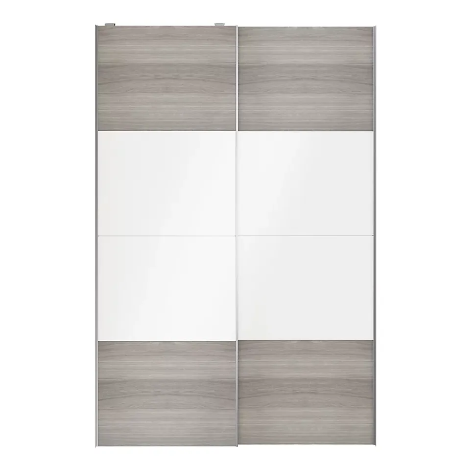 Portes de placard coulissantes 2 vantaux panneaux blancs brillants et effet chêne grisé GoodHome Atomia H. 225 x L. 150 x ép. 5,5 cm