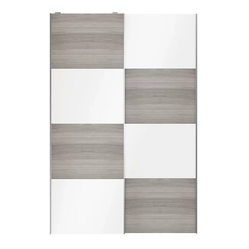 Portes de placard coulissantes 2 vantaux panneaux blancs brillants et effet chêne grisé GoodHome Atomia H. 225 x L. 150 x ép. 5,5 cm