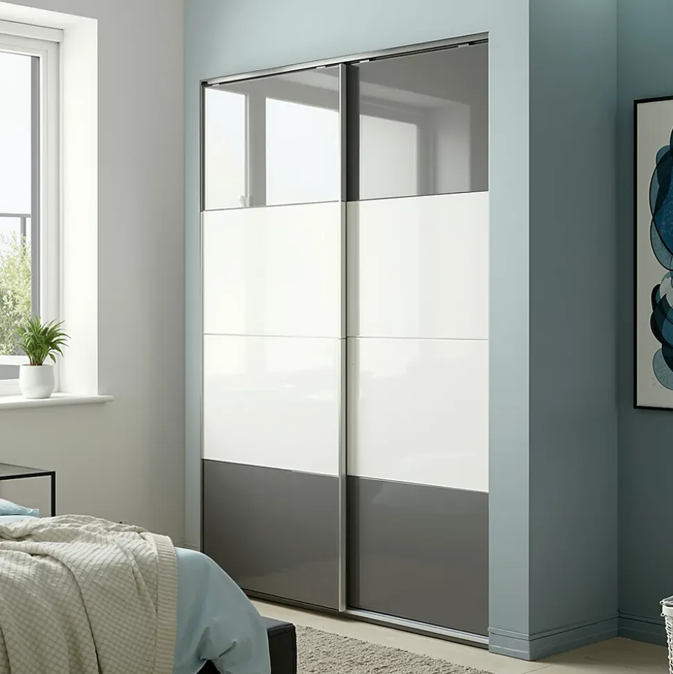 Portes de placard coulissantes 2 vantaux panneaux blancs et anthracite brillants GoodHome Atomia H. 225 x L. 150 x ép. 5,5 cm
