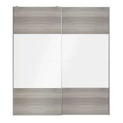 Portes de placard coulissantes 2 vantaux panneaux blancs brillants et effet chêne grisé GoodHome Atomia H. 225 x L. 200 x ép. 5,5 cm