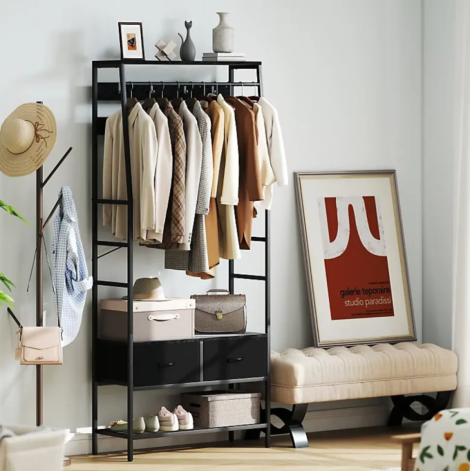 Porte-vêtements Avec Anti-renversement - 8 Cintres, 2 Tiroirs Tissu, Range-chaussures
