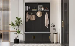 Porte-vêtements Avec Banc à Chaussures - 6 Cintres Triples - 120x40x191 Cm - Noir