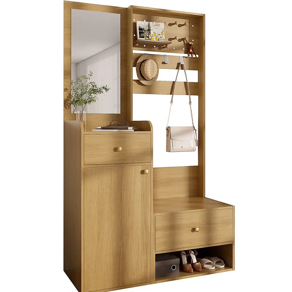 Porte-vêtements D'entrée Avec Miroir - Rangement Chaussures Et Manteaux - Bois 105 Cm