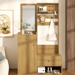 Porte-vêtements D'entrée Avec Miroir - Rangement Chaussures Et Manteaux - Bois 105 Cm