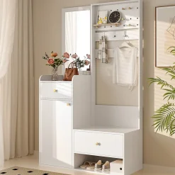 Porte-vêtements D'entrée Avec Miroir - Rangement Chaussures Et Manteaux - Blanc 105 Cm