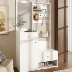 Porte-vêtements D'entrée Avec Miroir - Rangement Chaussures Et Manteaux - Blanc 105 Cm