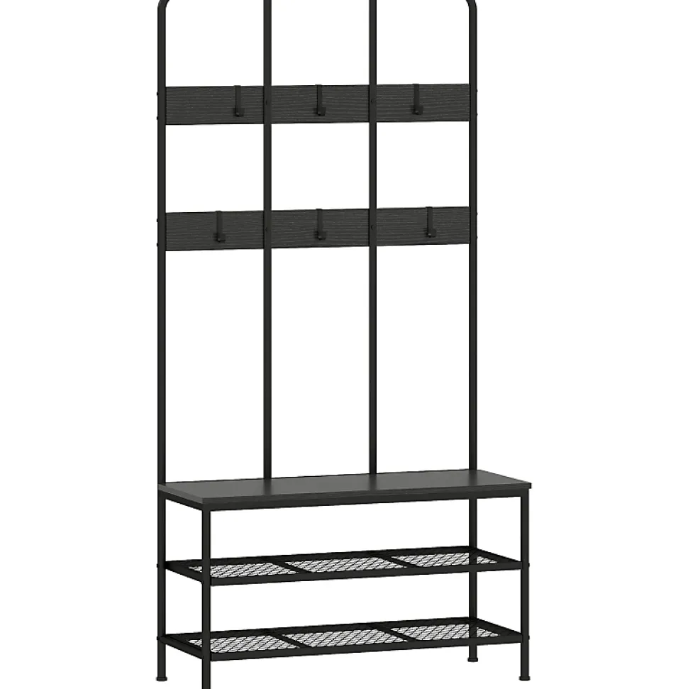 Porte-vêtements 3-en-1 Avec Banc - Rangement Chaussures, Cintres - Noir