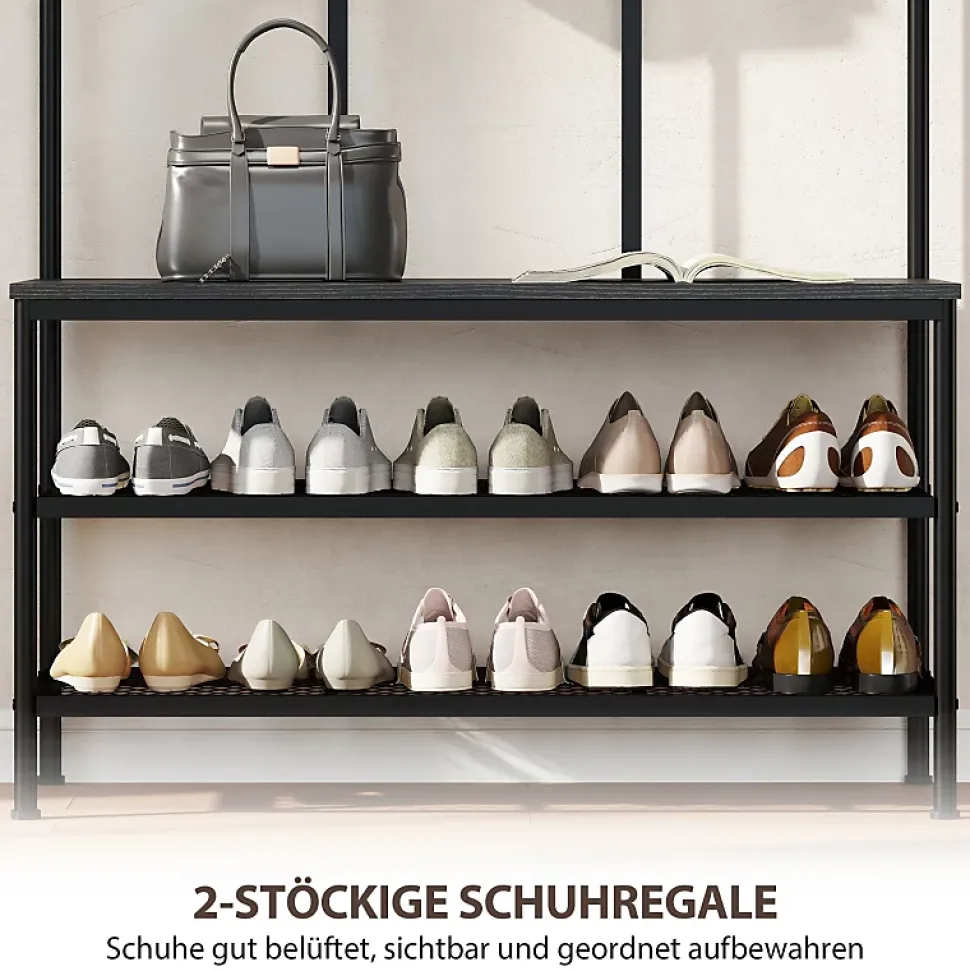 Porte-vêtements 3-en-1 Avec Banc - Rangement Chaussures, Cintres - Noir
