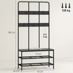 Porte-vêtements 3-en-1 Avec Banc - Rangement Chaussures, Cintres - Noir