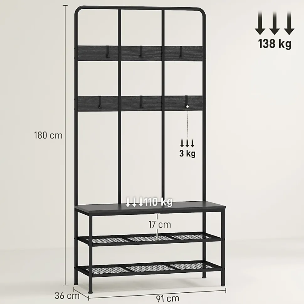 Porte-vêtements 3-en-1 Avec Banc - Rangement Chaussures, Cintres - Noir