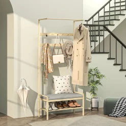 Porte-vêtements En Bambou Avec Banc à Chaussures - Cintres, Coussin - Style Naturel