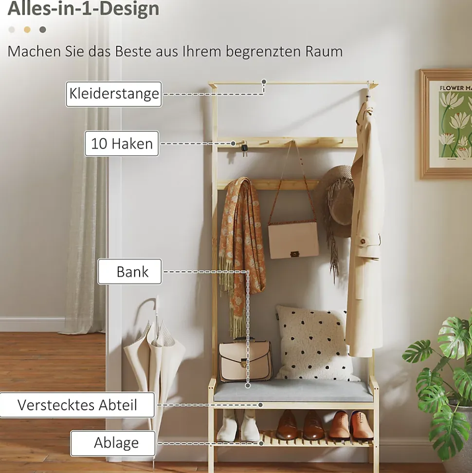 Porte-vêtements En Bambou Avec Banc à Chaussures - Cintres, Coussin - Style Naturel