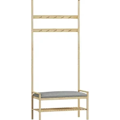 Porte-vêtements En Bambou Avec Banc à Chaussures - Cintres, Coussin - Style Naturel