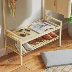Porte-vêtements En Bambou Avec Banc à Chaussures - Cintres, Coussin - Style Naturel