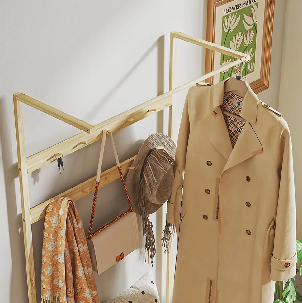 Porte-vêtements En Bambou Avec Banc à Chaussures - Cintres, Coussin - Style Naturel