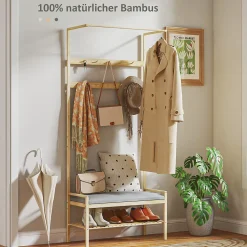 Porte-vêtements En Bambou Avec Banc à Chaussures - Cintres, Coussin - Style Naturel