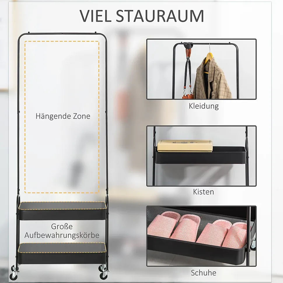 Porte-vêtements Mobile Sur Roulettes - Porte Jusqu'à 16 Kg - Acier Noir - Range-chaussures