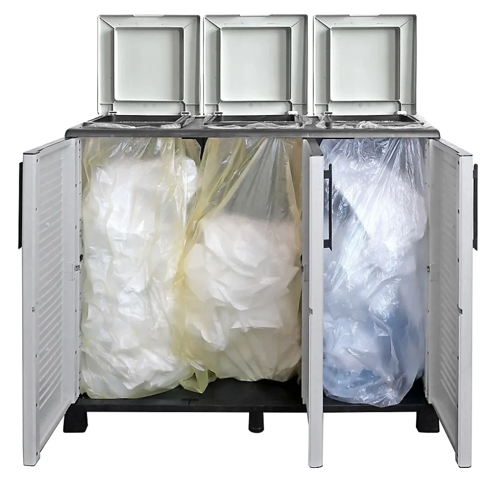 Poubelles de tri Selectif 3 Sacs Armoire Recyclage Gris Clair 102 x 37 x 90 cm Poubelle de tri 3 Portes 4 pieds INTEC