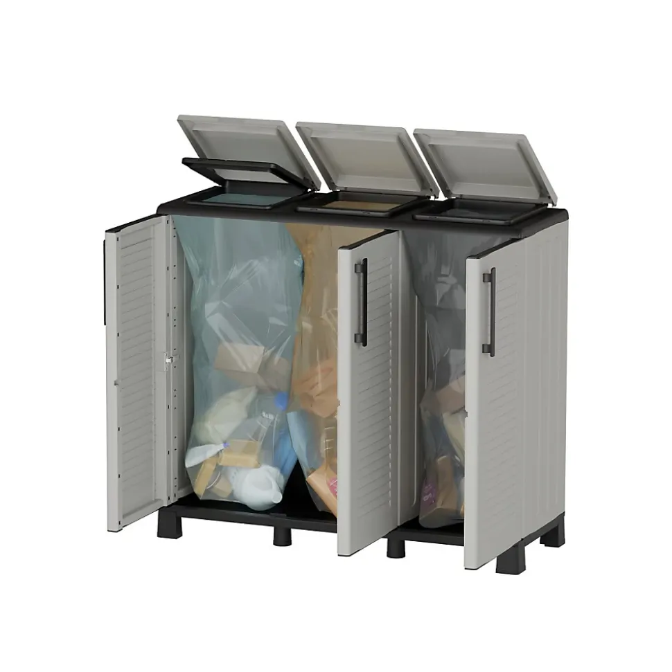 Poubelles de tri Selectif 3 Sacs Armoire Recyclage Gris Clair 102 x 37 x 90 cm Poubelle de tri 3 Portes 4 pieds INTEC