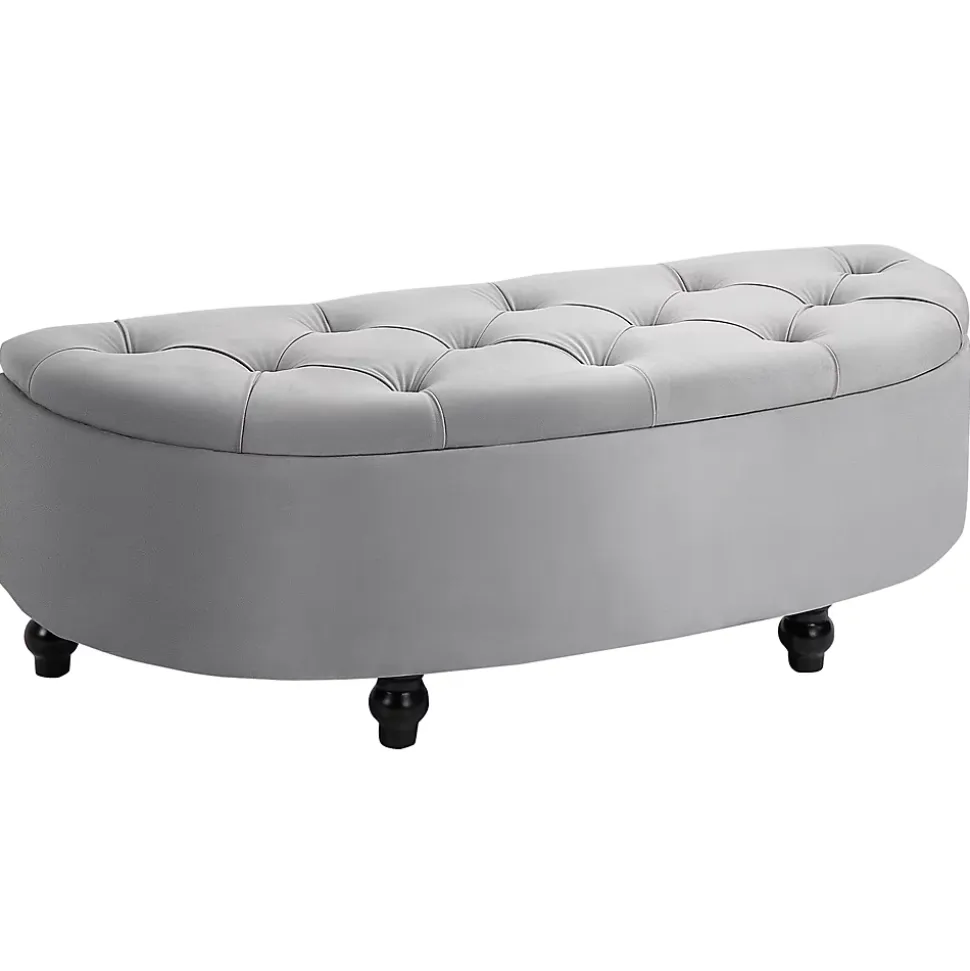 Pouf de rangement coffre 2 en 1 - pouf design classique chic capitonné demi-cercle - pieds bois hévéa noir revêtement velours gris