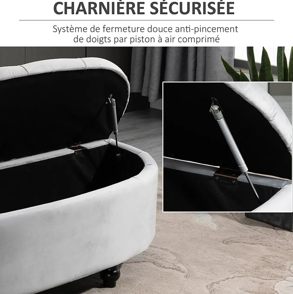 Pouf de rangement coffre 2 en 1 - pouf design classique chic capitonné demi-cercle - pieds bois hévéa noir revêtement velours gris