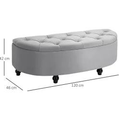 Pouf de rangement coffre 2 en 1 - pouf design classique chic capitonné demi-cercle - pieds bois hévéa noir revêtement velours gris