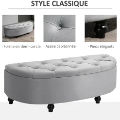 Pouf de rangement coffre 2 en 1 - pouf design classique chic capitonné demi-cercle - pieds bois hévéa noir revêtement velours gris