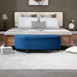 Pouf de rangement coffre 2 en 1 - design classique chic capitonné demi-cercle - pieds bois noir revêtement velours bleu roi
