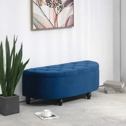 Pouf de rangement coffre 2 en 1 - design classique chic capitonné demi-cercle - pieds bois noir revêtement velours bleu roi