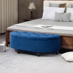Pouf de rangement coffre 2 en 1 - design classique chic capitonné demi-cercle - pieds bois noir revêtement velours bleu roi