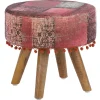 Pouf decoratif assise WOMO-DESIGN 38x36 cm rouge ronde rembourre tissu pieds bois style boheme