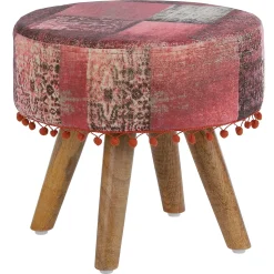 Pouf decoratif assise WOMO-DESIGN 38x36 cm rouge ronde rembourre tissu pieds bois style boheme