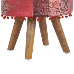 Pouf decoratif assise WOMO-DESIGN 38x36 cm rouge ronde rembourre tissu pieds bois style boheme