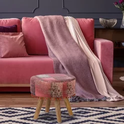 Pouf decoratif assise WOMO-DESIGN 38x36 cm rouge ronde rembourre tissu pieds bois style boheme