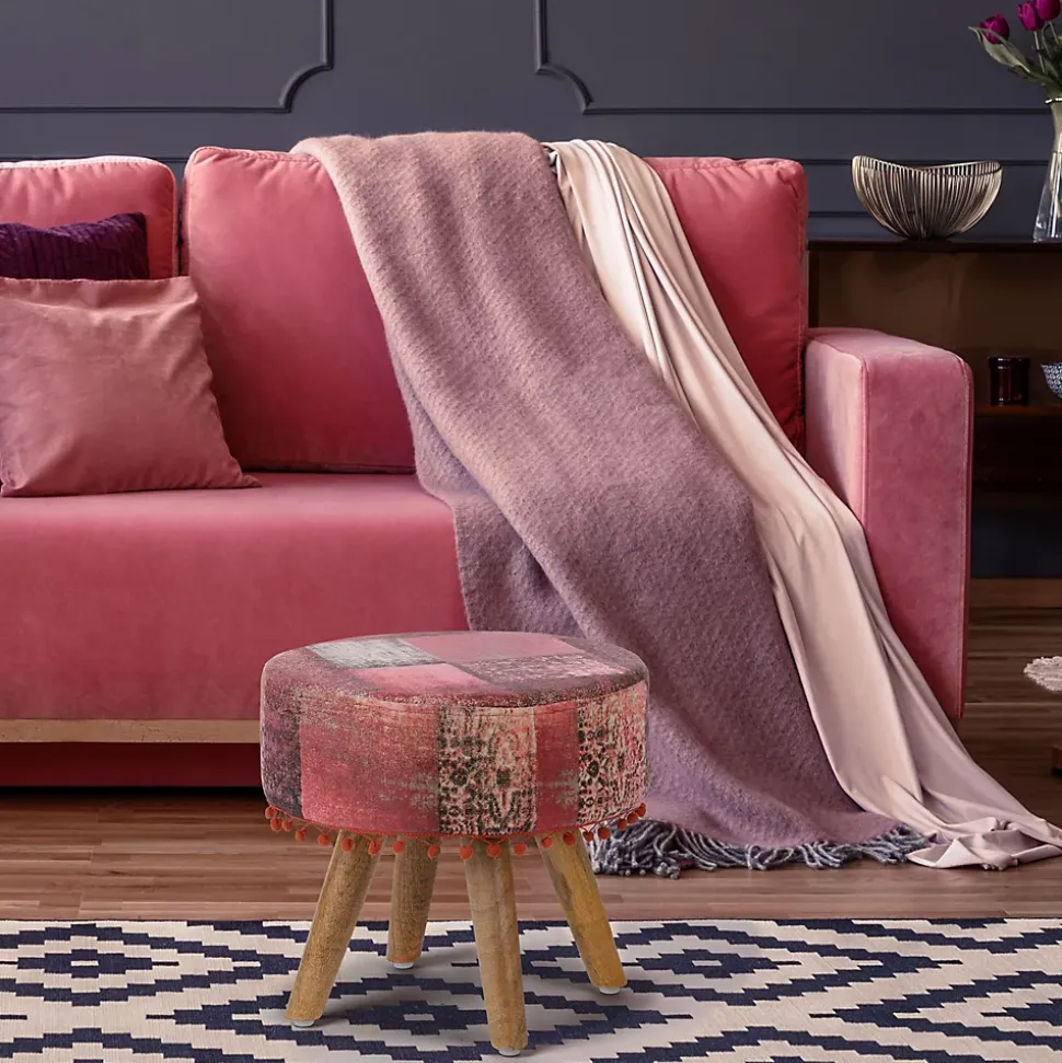 Pouf decoratif assise WOMO-DESIGN 38x36 cm rouge ronde rembourre tissu pieds bois style boheme