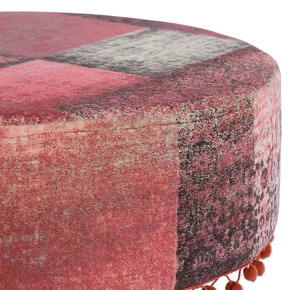 Pouf decoratif assise WOMO-DESIGN 38x36 cm rouge ronde rembourre tissu pieds bois style boheme